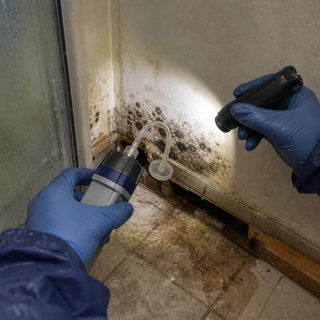 Technician performing professional mold air quality testing on a damaged wall